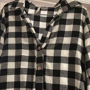 Black and White Plaid Button-Up Dress, with long, tie sleeves and shirt bottom.